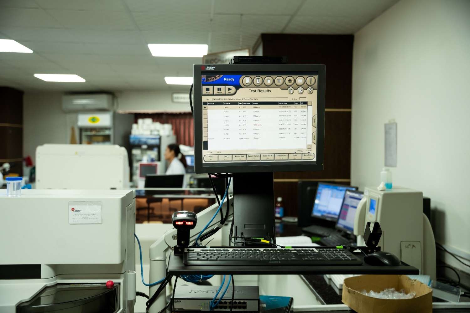 Lab diagnostic equipment showing test results